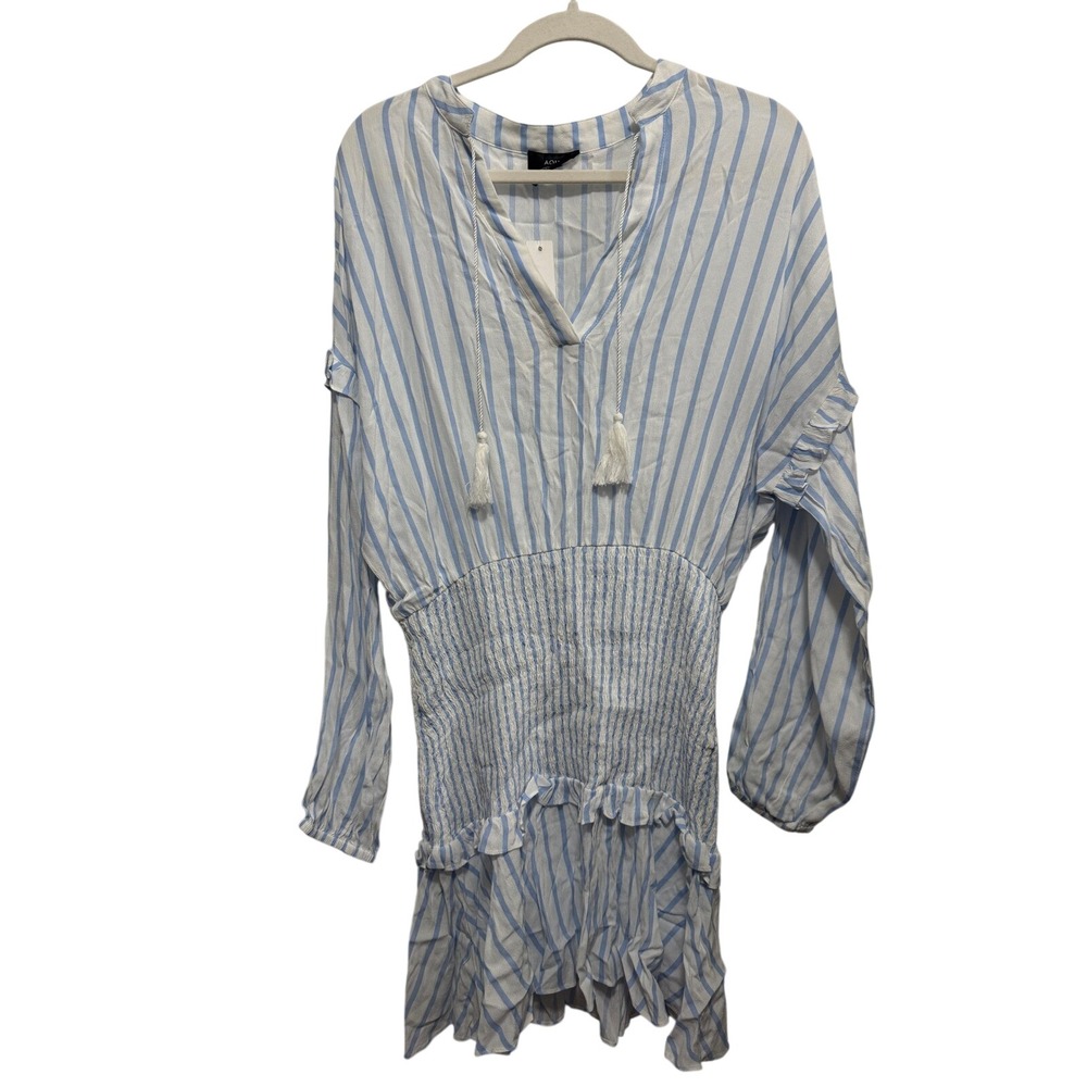 AQUA Blue White Striped Smocked Mini Dress Long Sleeve Tassel L NWT‎  coastal